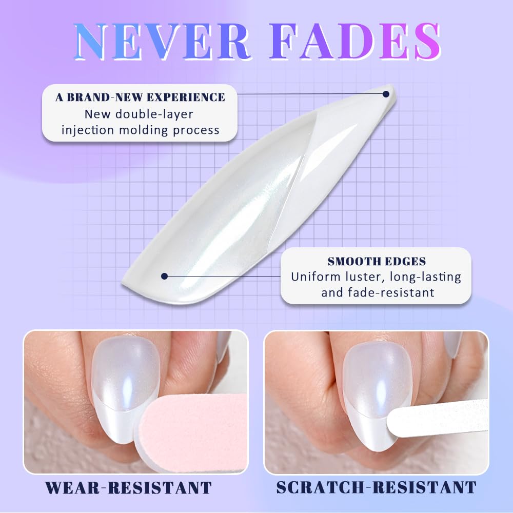 evpct Pink Cat Eye French Tip Press on Nails Almond Medium No Glue, White French Tip Medium Almond Holographic Stick on Nails for Women, Reusable Full Cover Soft Press on Nail Perfectly with Design