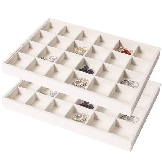 Coward 2PC Stackable 24 Gird Jewelry Organizer Tray Necklace Earring Box Storage Drawer Ring Bracelet Display Holder (beige(24grid+24grid))
