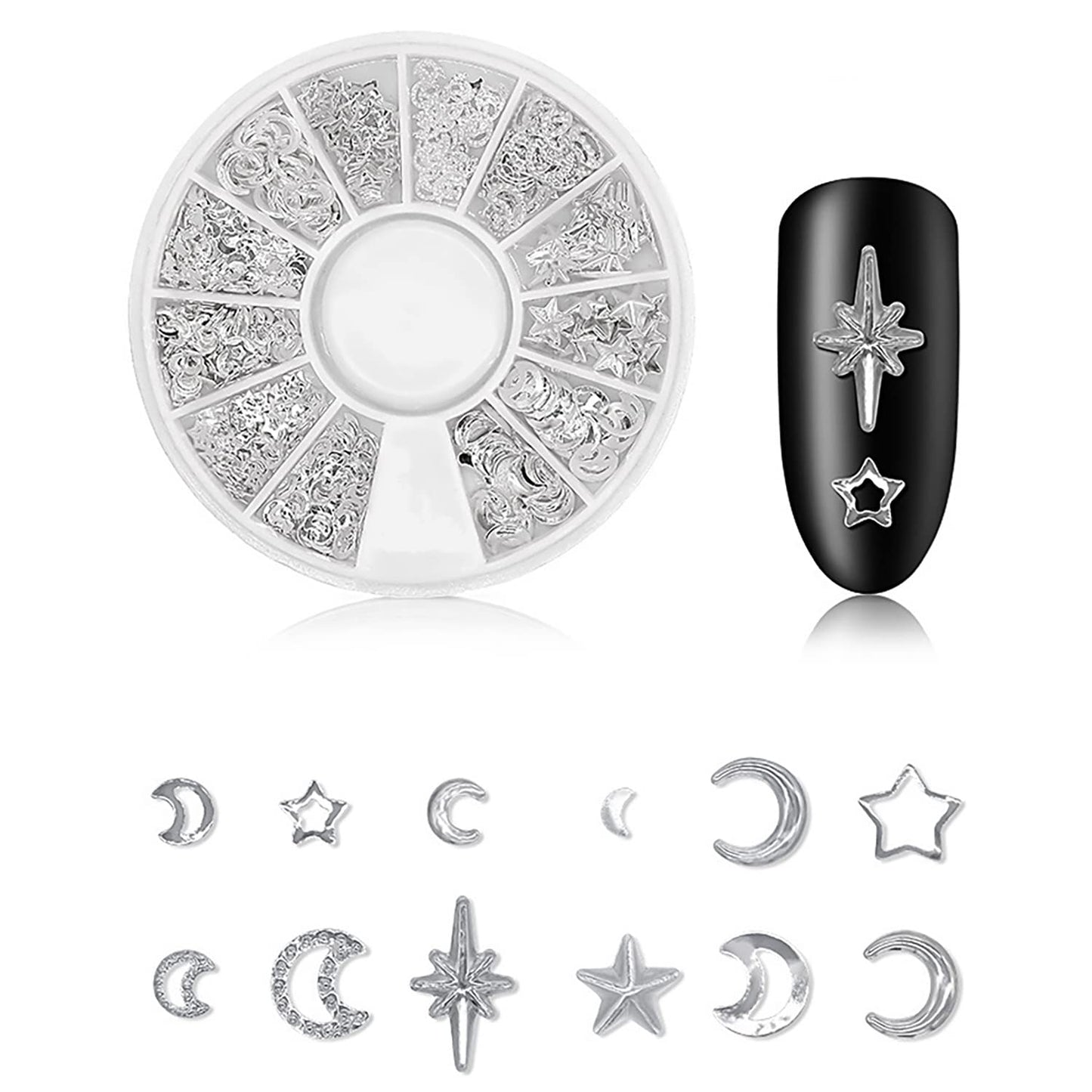 DANNEASY 3D Nail Charms Nail Jewels Silver Nail Art Charms Charms for Nails Metal Nail Studs Nail Jewelry for Acrylic Nails DIY Craft Nail Decoration (6 Boxes)