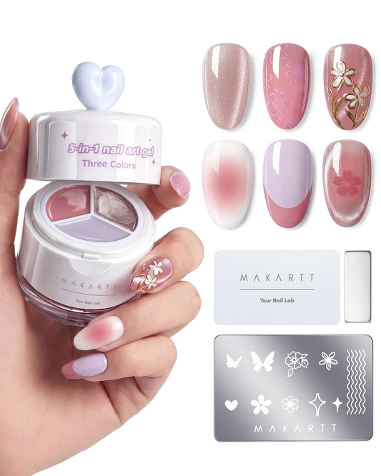 Makartt ColorPot 5-in-1 Nail Art Gel: 3 Colors Gel Nail Polish No Wipe with Nail Stamp for Stamping, Ombre Patting, Painting, French Tips, Sculpting with Silicone Head for Diy Cute Nails at Home Salon