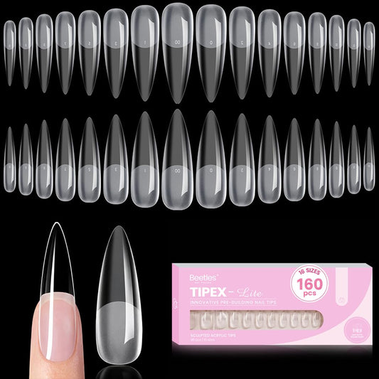 Beetles Tipex Lite Instant Apex Nail Tips, XL Long Stiletto, 16 Sizes | 00–14, 160PCS, Built-in Apex Acrylic Tips for Flat & Natural Nail Beds, Beginner-Friendly Easy DIY Nail Extensions