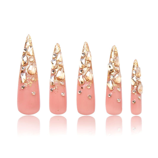 LOVFUL Reusable Press on Nails | Stardust Gold Rhinestone | Salon Quality Sustainable Style Handmade with Full Covered Crystals | Stiletto Long 2.2 in | H84-L