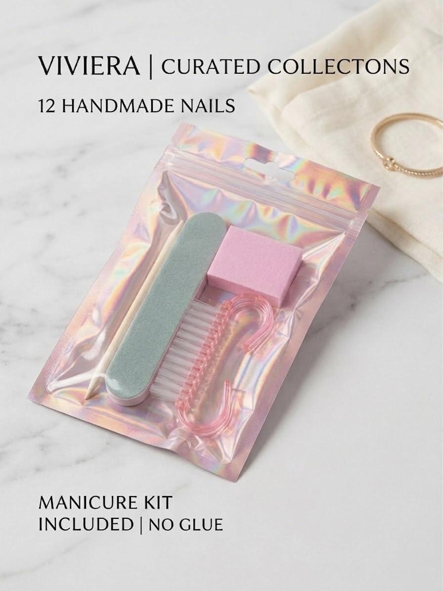 Viviera Handmade Press-On Nails, Nude Pink with Floral Accents, Almond Shape, 12 Piece with Manicure Kit