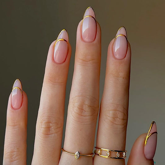 Medium Almond Press on Nails With Gold French Tip Oval Nude Pink Fake Nails Press ons Acrylic False Nails Full Cover Artificial Stick on Nails for Women Girls 24 Pcs