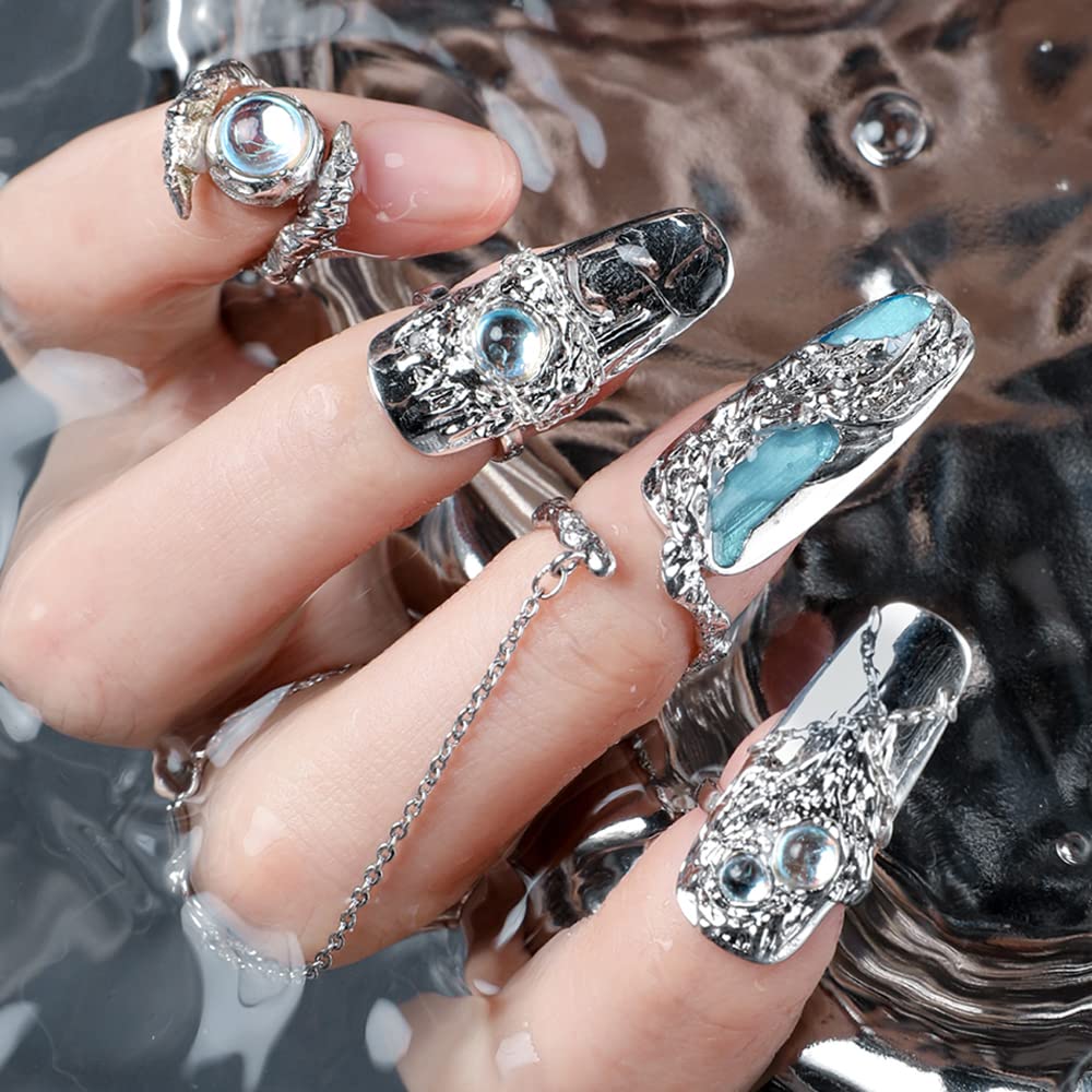 5Pcs Finger Tip Nail Rings for Women, Adjustable Opening Nail Art Charms Accessories, Finger Tip Ring Claw Rings Nail, Irregular Fingertip Nail Armor Ring Punk Jewelry Set (Blue)