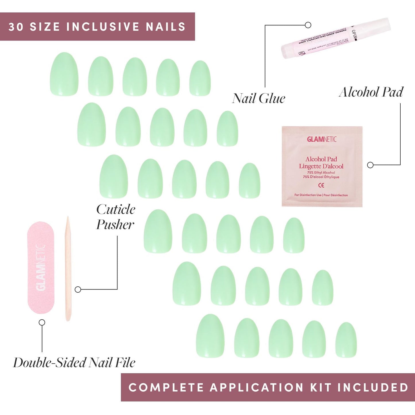 Glamnetic Press-On Nails - Mint Green | Pastel Green Short Oval Fake Nails | Matte Short Almond Dark Red Nails with Glossy French Tips | 15 Sizes - 30 Nail Kit with Glue & Nail Tabs
