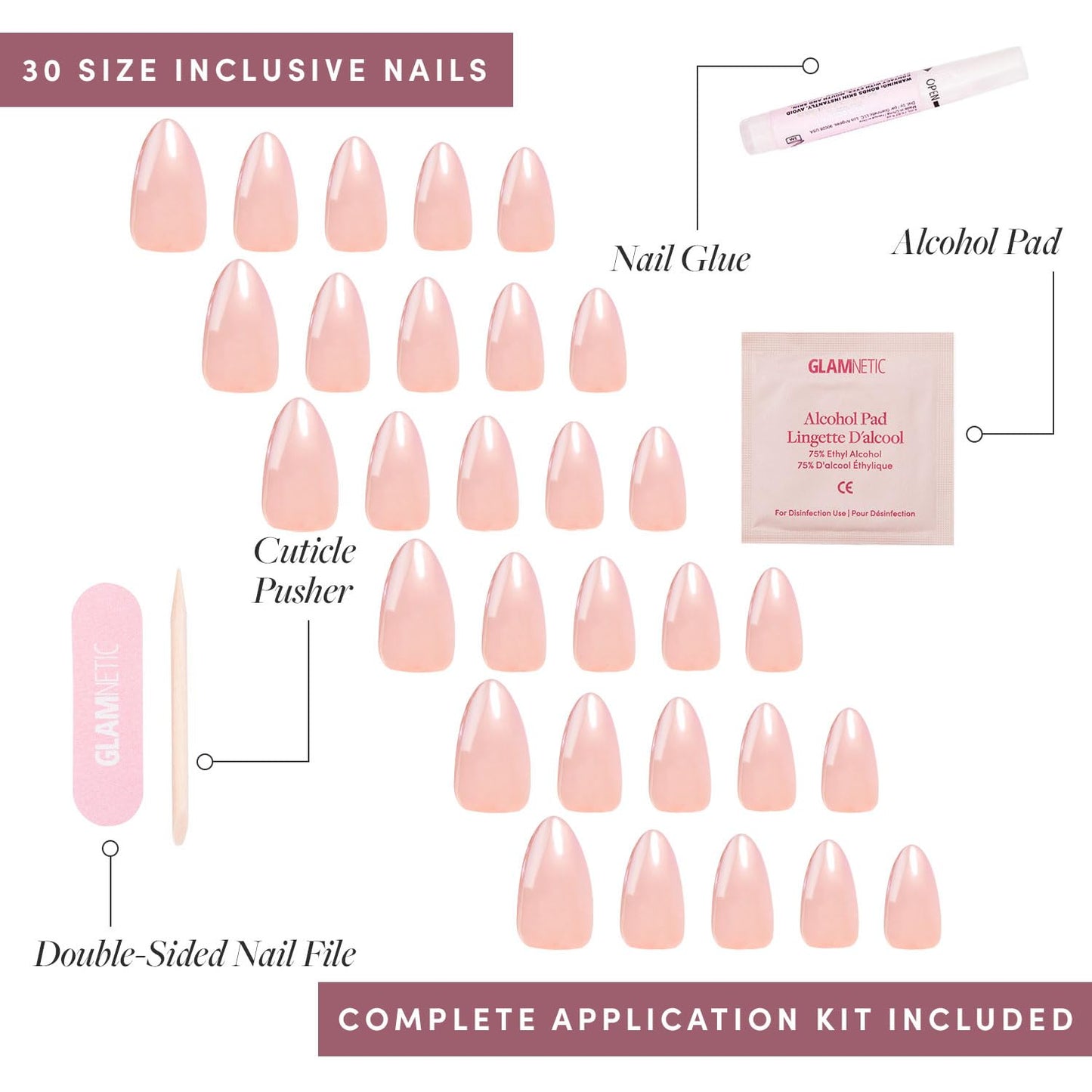 Glamnetic Press-On Nails - Los Angeles | Super Strong Brush On Nail Glue & Press-On Nail Remover | Blush Nude Pink Short Almond Nails in Glazed Finish | 15 Sizes - 30 Nail Kit with Glue and Remover