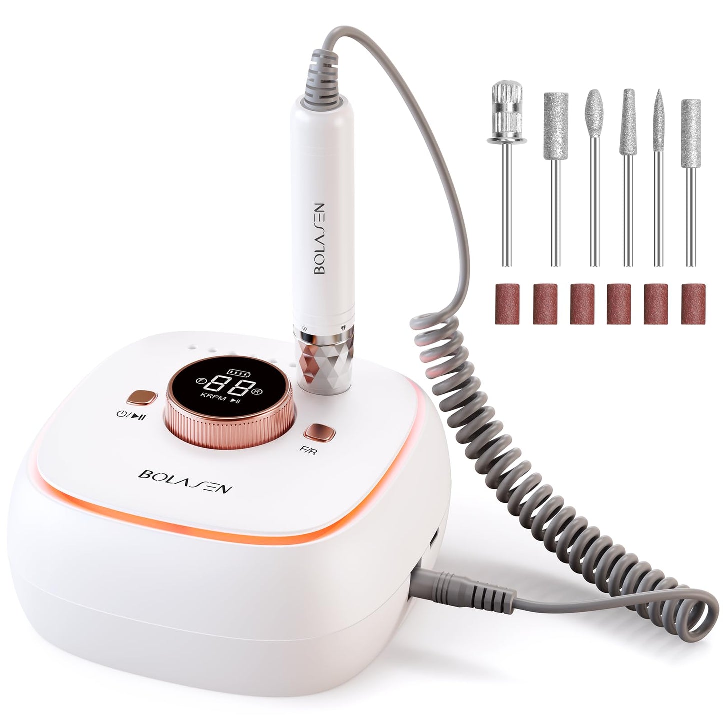 Professional Cordless Nail Drill 40000RPM Brushless - 7800mAh Rechargeable Electric Nail File for Acrylic Gel Nails, Fast Removal, Auto Start-Stop, Salon Use - BOLASEN HaloDrill 10