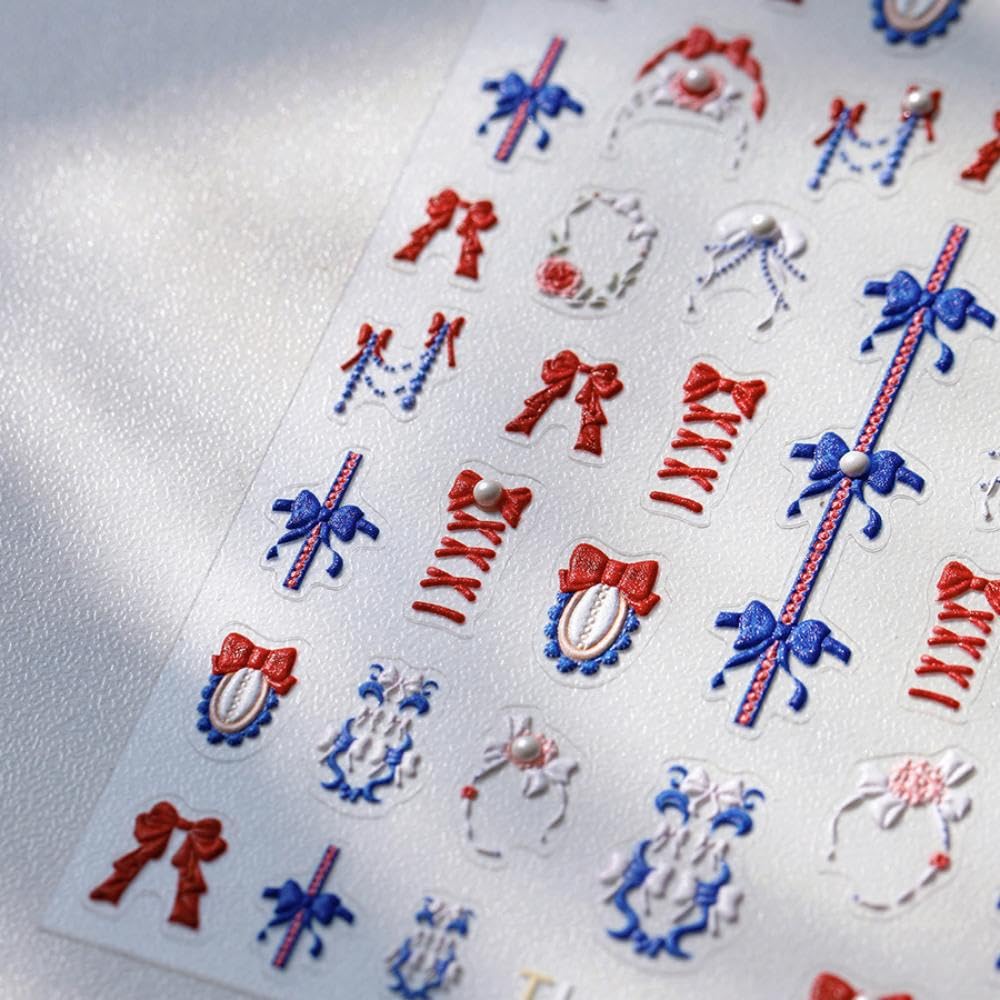 Cartoon Red Blue Bow Nail Stickers with 5D Embossed Pearl Design Irregular Frames Nail Art Stickers 3D Self-Adhesive Spring Nail Decals Summer Nail Manicure Accessories for Women Girls 1 Sheet