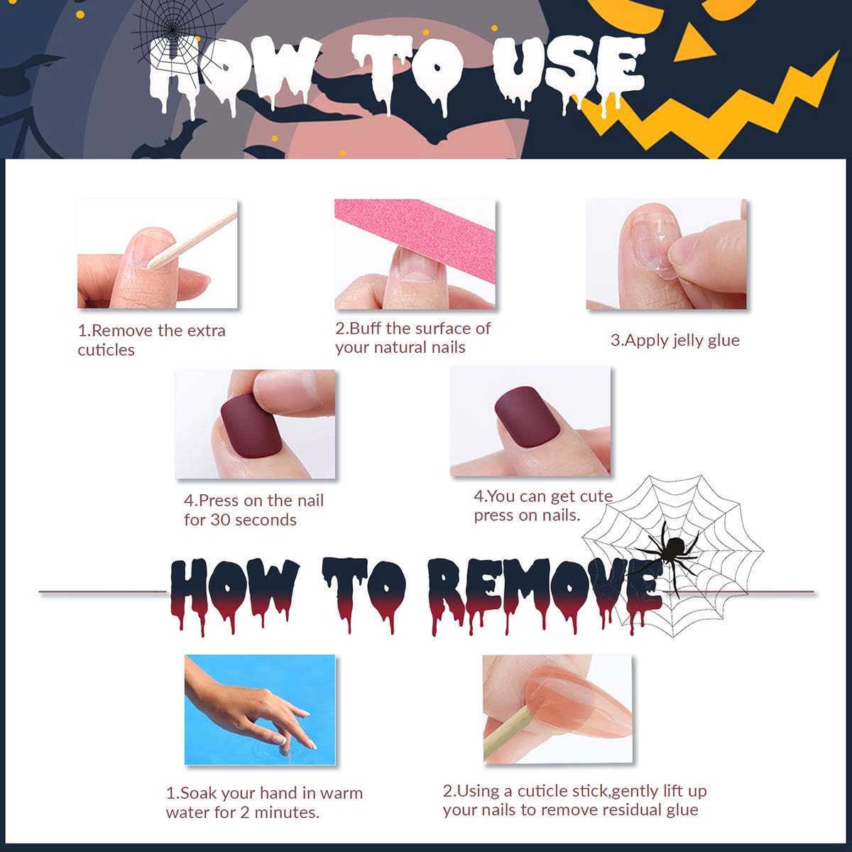 Spider Halloween Press on Nails Medium Coffin Fake Nails Goth Nails Press ons for Women Halloween ManicureReusable Artificial Nail Full Cover Glossy Glue on Nail Stick on Nails 24 Pcs