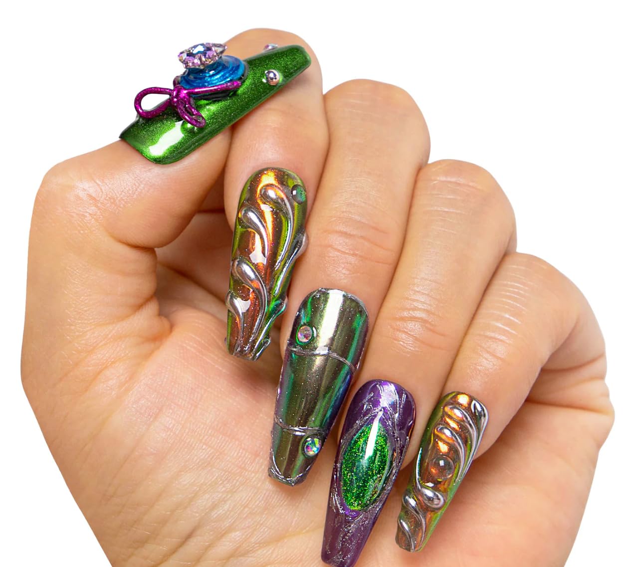 LOVFUL Reusable Press on Nails | Chrome Couture Stellar Muse | Salon Quality Sustainable Style Handmade with Full Covered Crystals | Coffin Classic Regular 1.3 in | H463-S