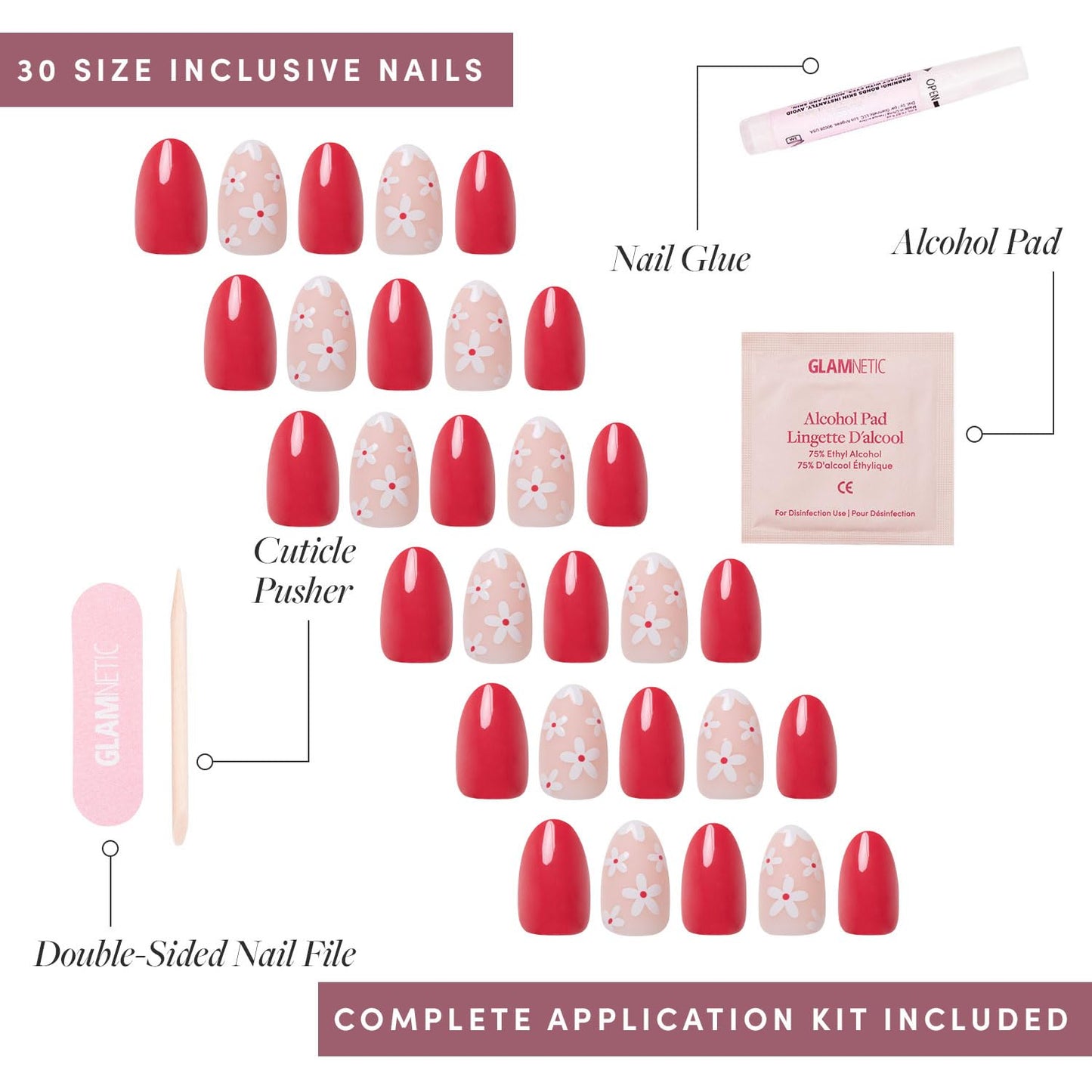 Glamnetic Press-On Nails - Red Blossom | Super Strong Brush On Nail Glue & Press-On Nail Remover | Short Oval Fake Nails with Floral Accents | 15 Sizes - 30 Nail Kit with Glue and Remover