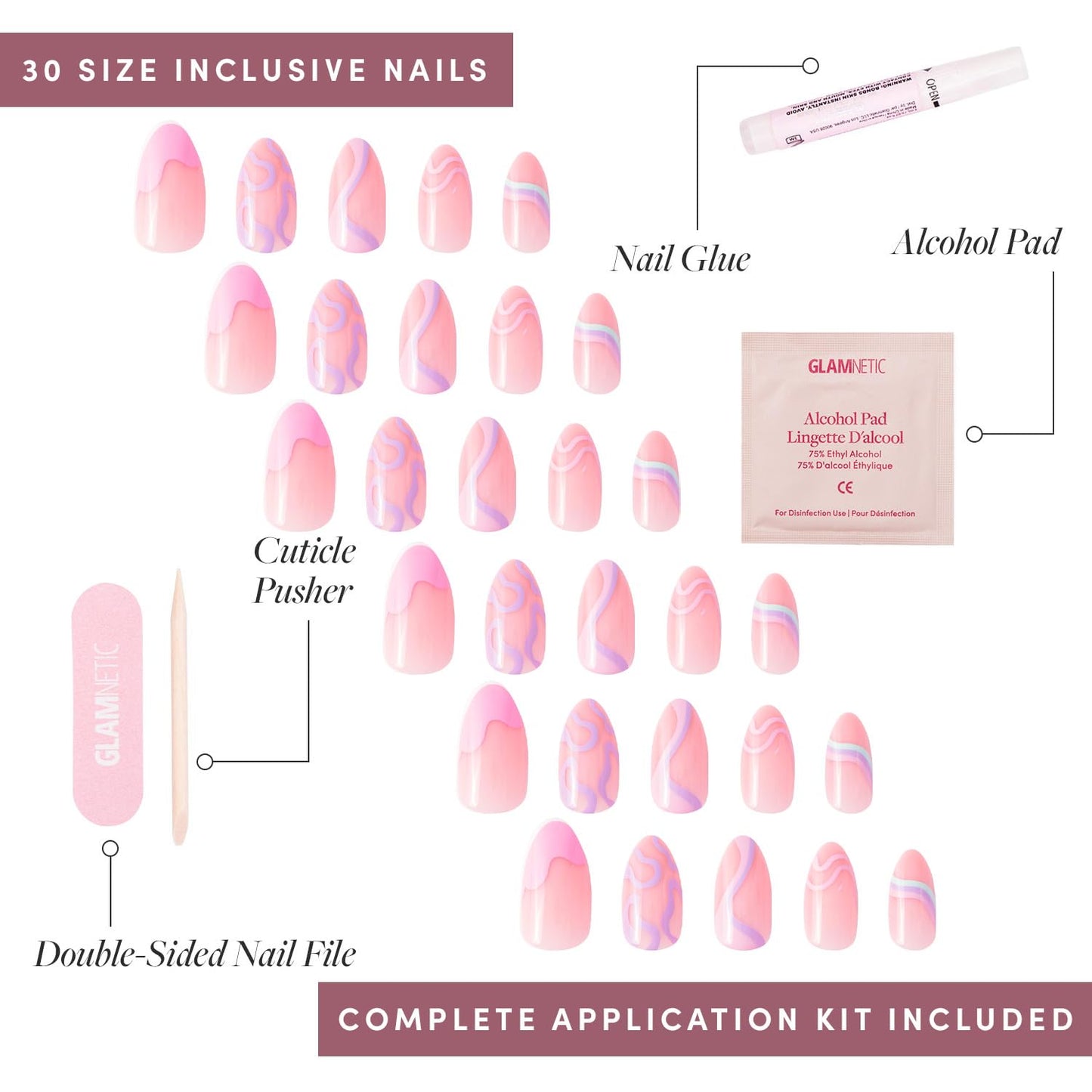 Glamnetic Press-On Nails Bundle - Sprinkles, Wild Card & Caviar | Glossy Rainbow French Tip Fake Nails | Semi-Transparent Trendy Pastel Nails | Short Almond Black French Tips