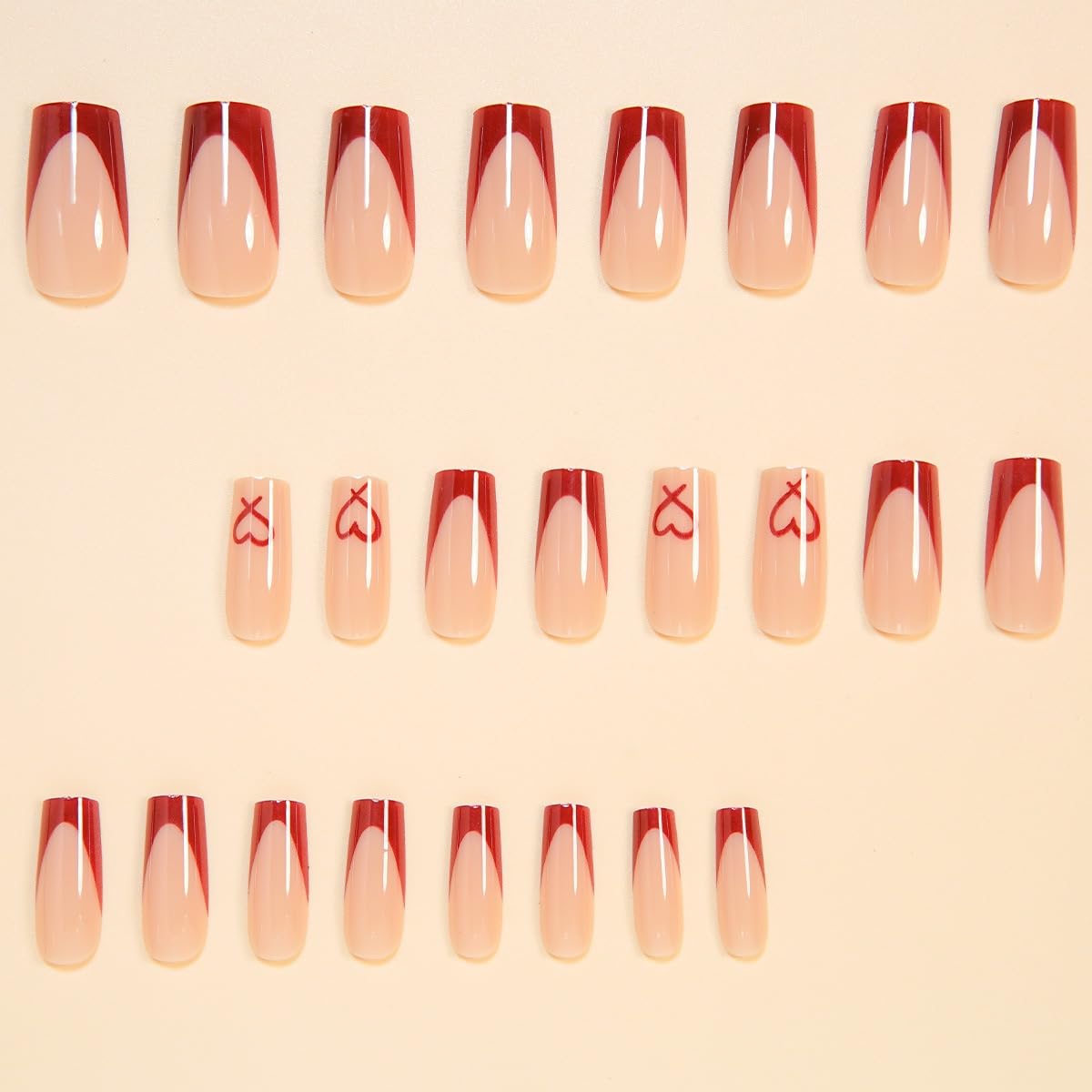 Red French Tip Press on Nails Coffin - Medium Fake Nails with Heart Design - Glossy Full Cover Stick on Press ons for Women Manicure Kit 24 Pcs