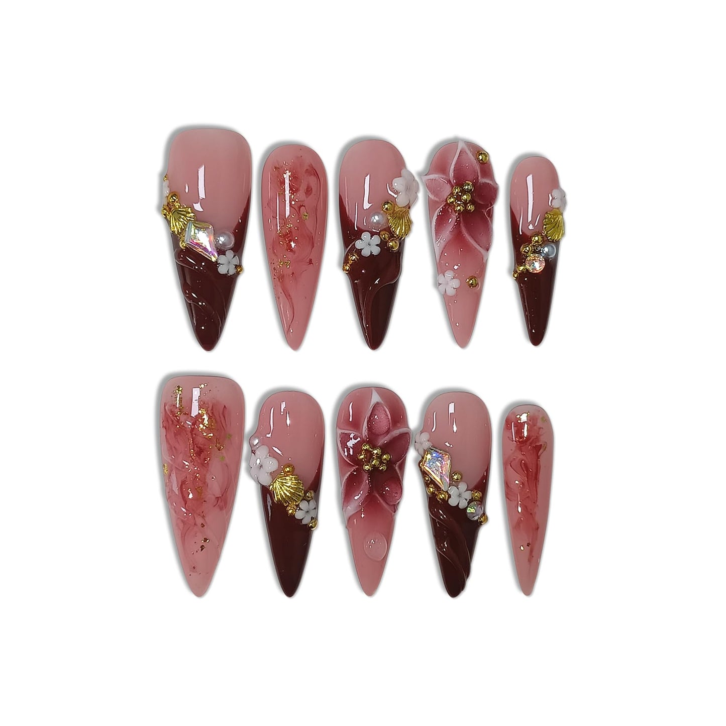 TENPAL Handmade Press on Nails Long Stiletto - Burgundy French Tips 3D Floral Embossed Glossy False Nails for Women Girls Fall Winter- Glossy Acrylic Y2K Nails for Parties Date Daily Wear(M)