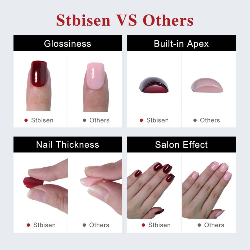 Stbisen Short Square Press On Nails, Glossy Solid Red Fake Nails, Classic Bright Red Full Cover Reusable Thick Natural Glue On Nails for Women, Suitable for Work, Daily Party Wedding Manicure, 30Pcs