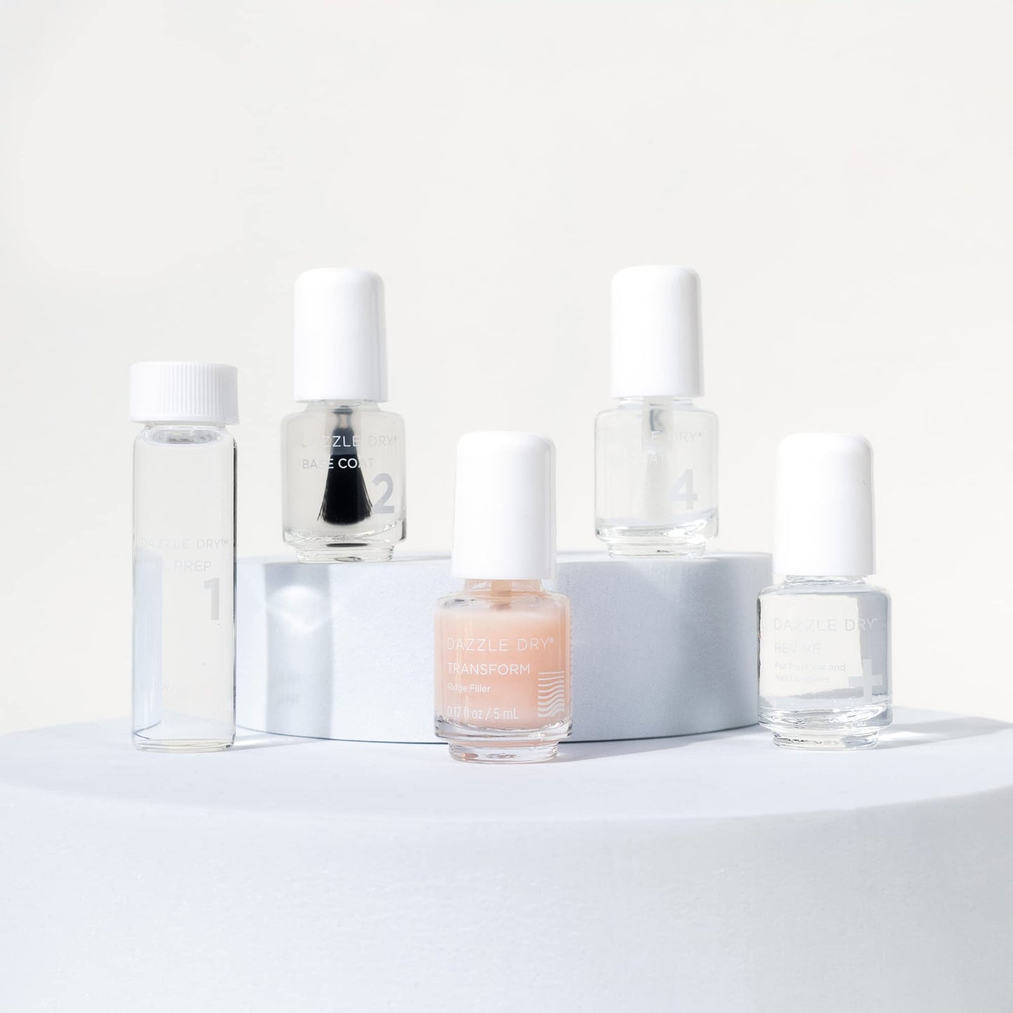 Dazzle Dry Complete Starter Mini Kit | Step 1 - Nail Prep, Step 2 - Base Coat, Step 4 - Top Coat, Transform - Ridge Filler & Revive - Polish & Top Coat Thinner.