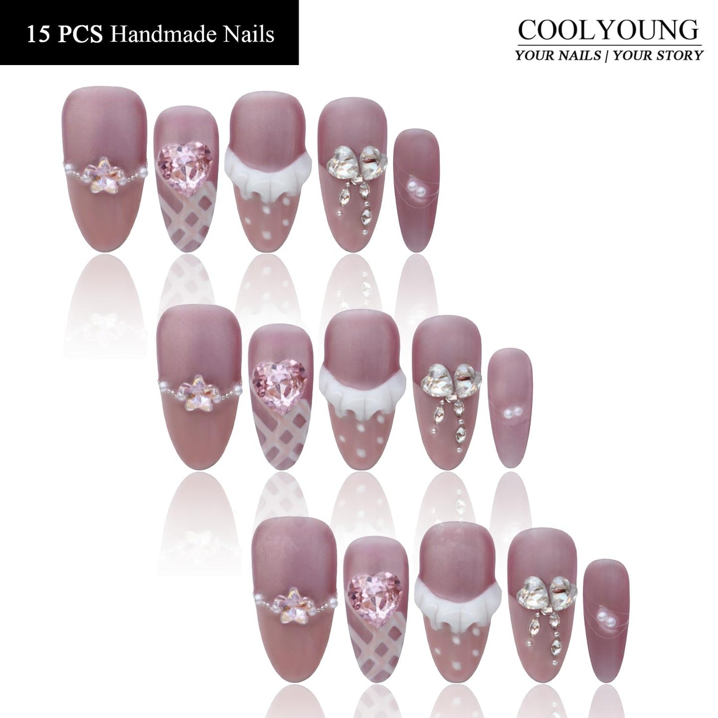 Luxury Rhinestones Handmade Acrylic Press On Nails Handmade Acrylic Press On Nails French Medium Almond Pink Nails Women Gifts Reusable Nails COOLYOUNG 15 PCS, Size L