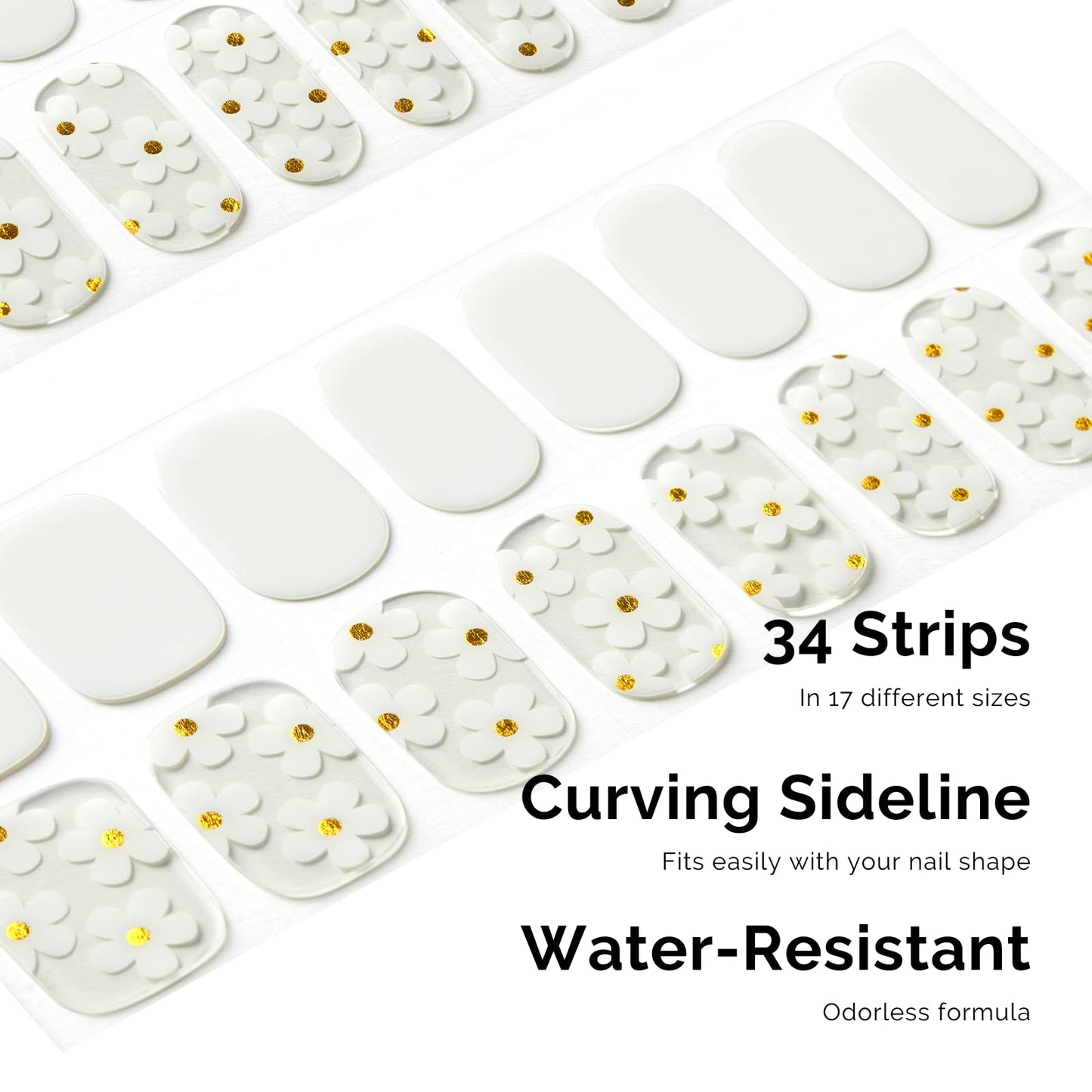 Nailog Semi Cured Gel Nail Strips 34 pcs | Long Lasting Nail Polish Sticker Wraps with Glossy Gel Finish | White Petals