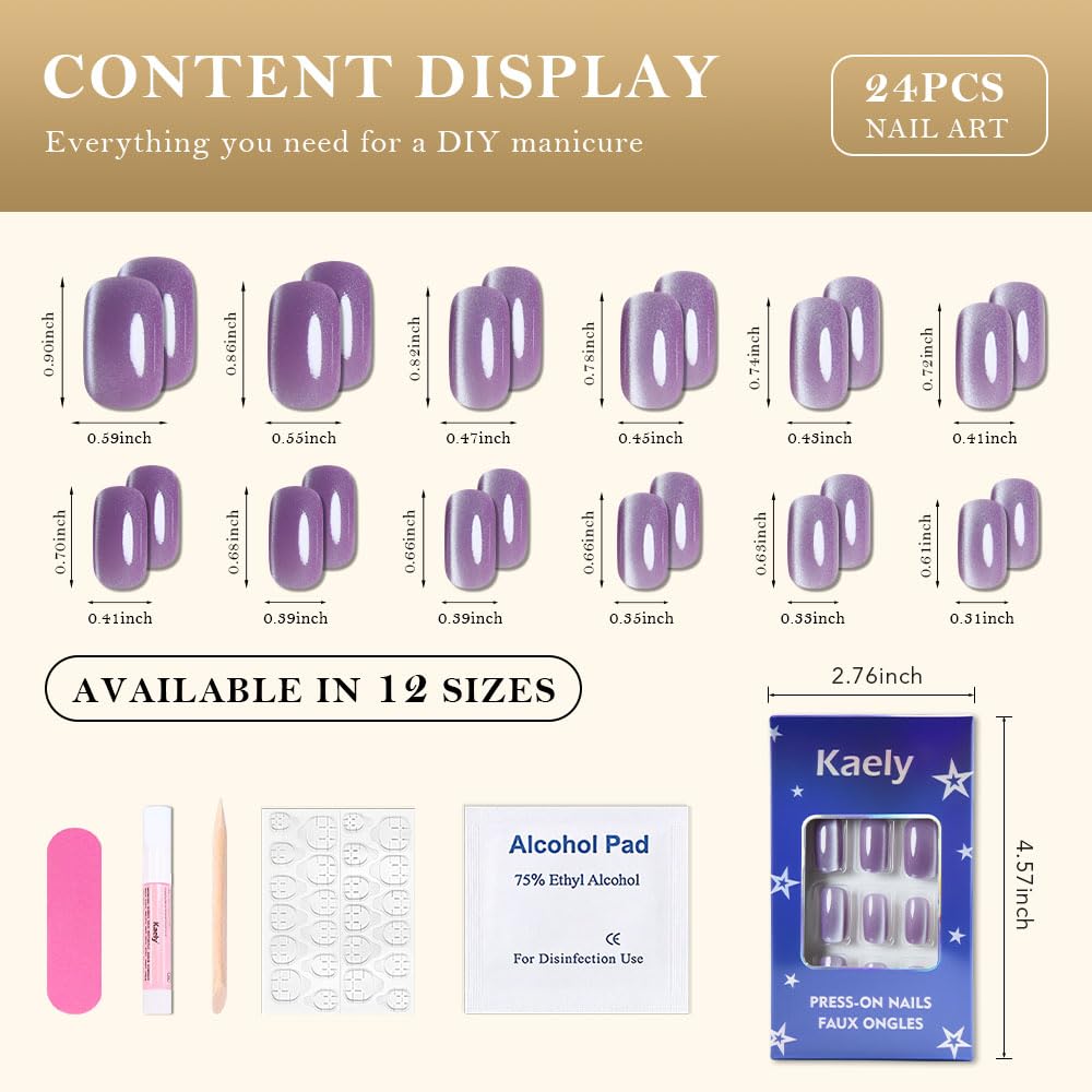 XZMeiLun Cat Eye Lavender Purple Press On Nails Medium Long Length Square, Designer Reusable Acrylic Fake Nail, Glossy Gel Nails Wedding Party, Stick On Glue On Nail, Nails Press Ons for Women