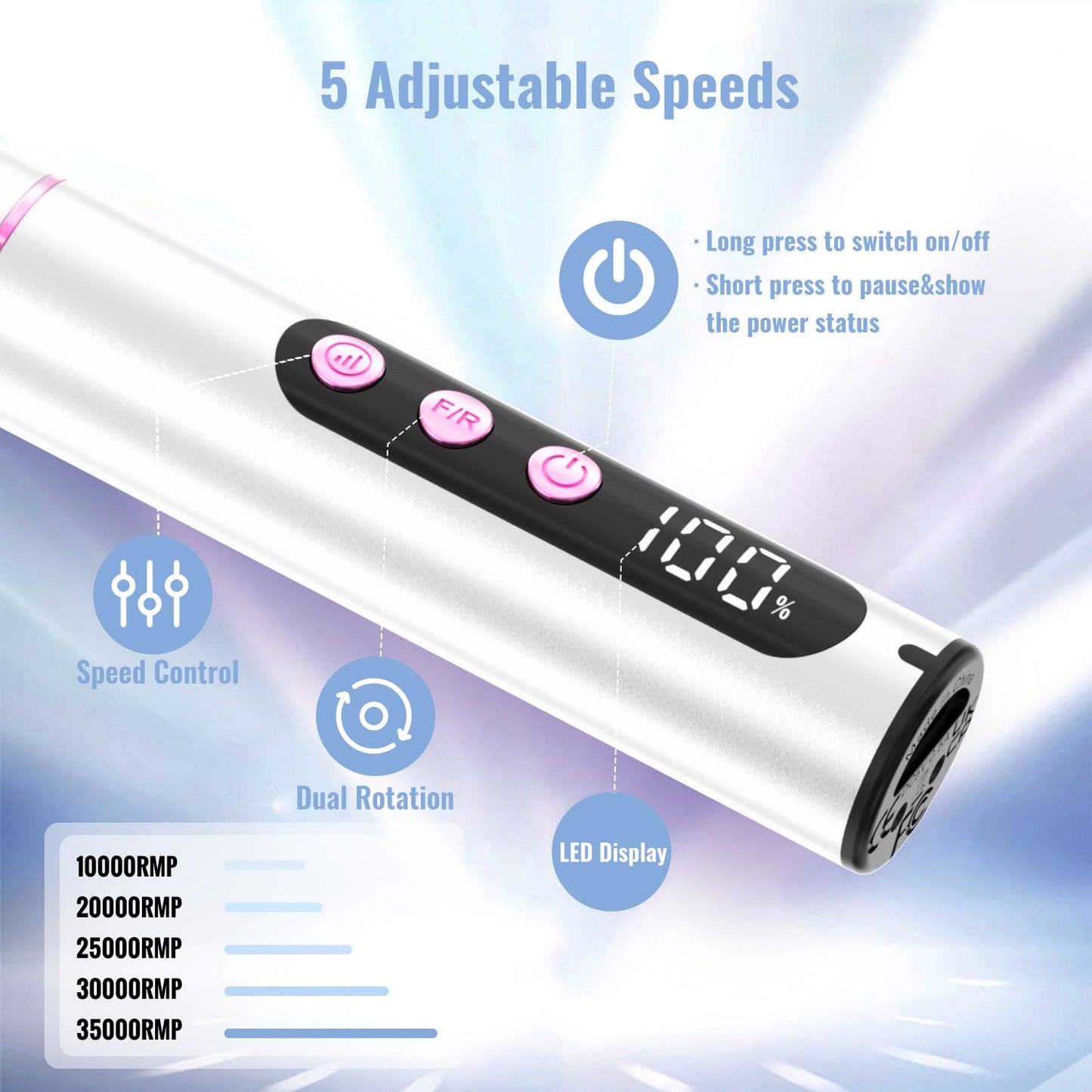 Denabuty Cordless Electric Nail Drill File: 35000RPM Professional Nail Drill Machine with UV LED Nail Lamp Charging Base, Manicure Pedicure Kit E File for Acrylic Gel Dip Powder Polish Silver