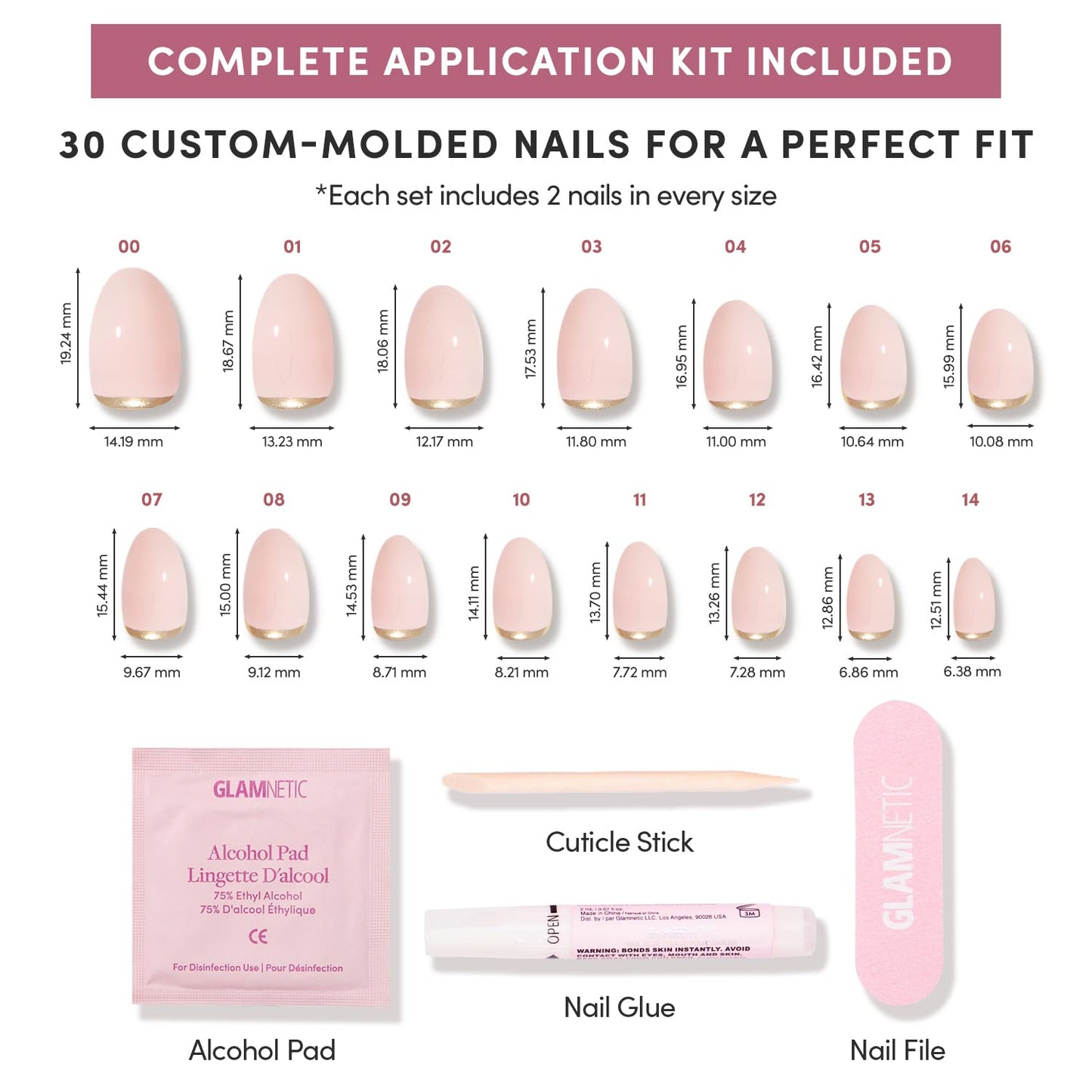 Glamnetic Press On Nails - Glam Goals | Short Oval Neutral Fake Nails with Gold Reverse French Tip, Salon Quality Nude Nails | 15 Sizes - 30 Nail Kit with Glue