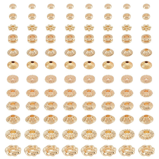 PH PandaHall 120Pcs 14K Gold Spacer Beads, 12 Style Alloy Brass Spacer Beads Gold Flat Bead Flower Cylindrical Bead for Jewelry Making Stackable Bracelet Necklace Earring