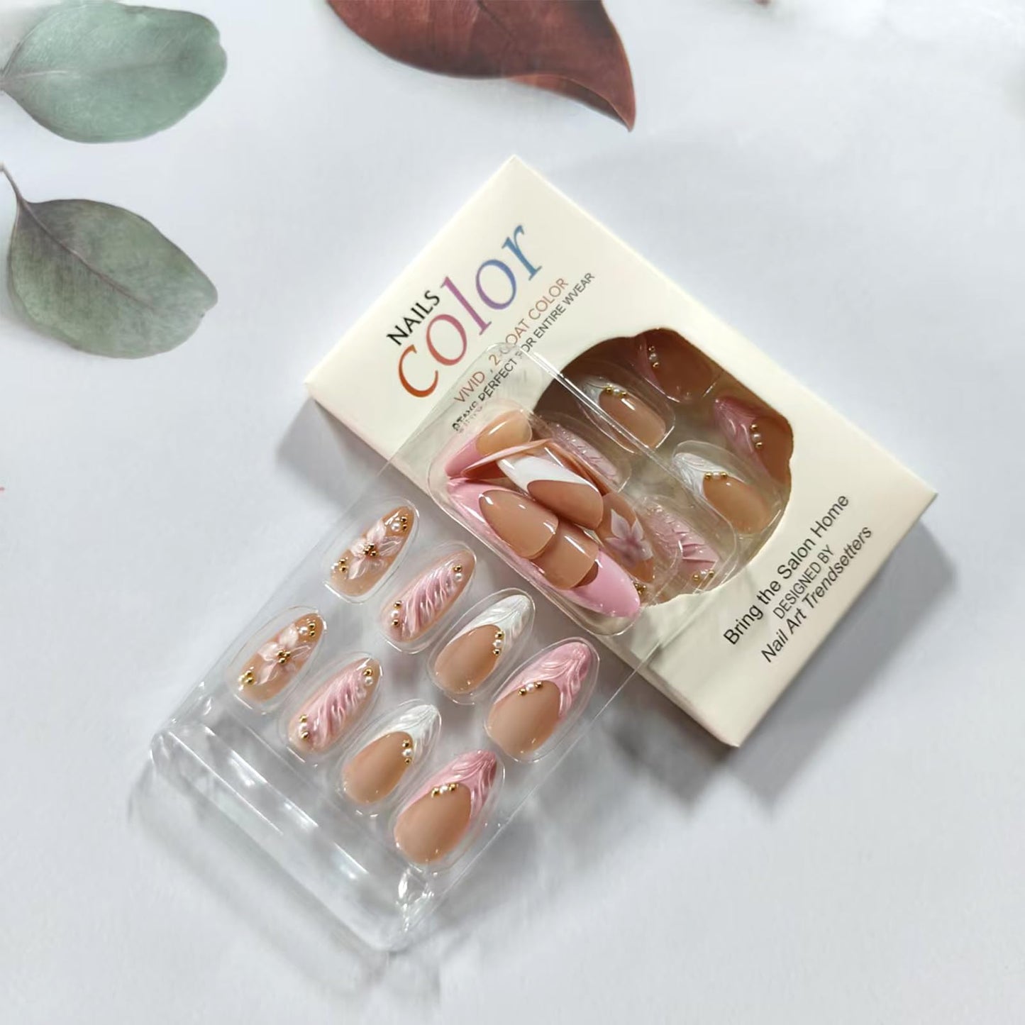 Pink French Tip Press on Nails Medium Almond Fake Nails with 3D Flower Designs Glossy Acrylic False Nails Golden Bead Artificial Glue on Nail Reusable Full Cover Stick on Nail for Women 24Pcs