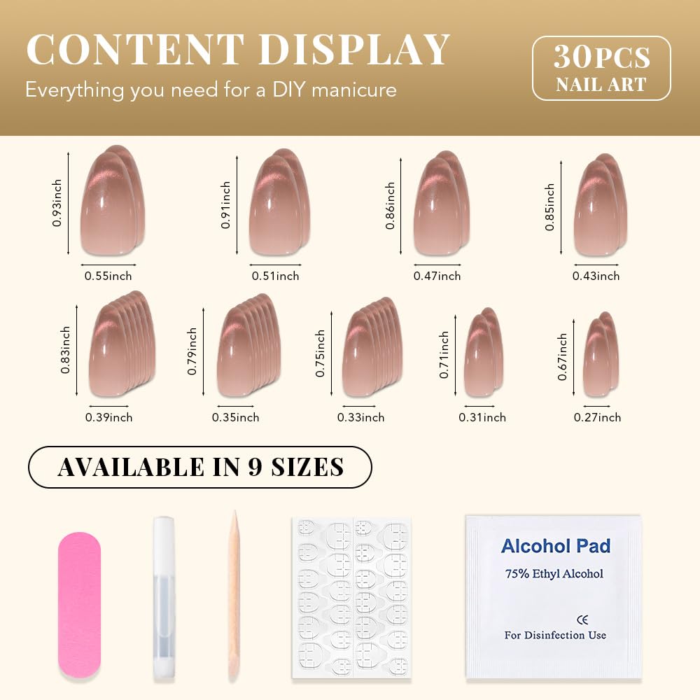 XZMeiLun Cat Eye Nude Smile Press On Nails Medium Almond, Designer Reusable Acrylic Fake Nails with Glue, Glossy Soft Gel Nails Wedding and Party, Stick On Glue On Nails, Nails Press Ons for Women
