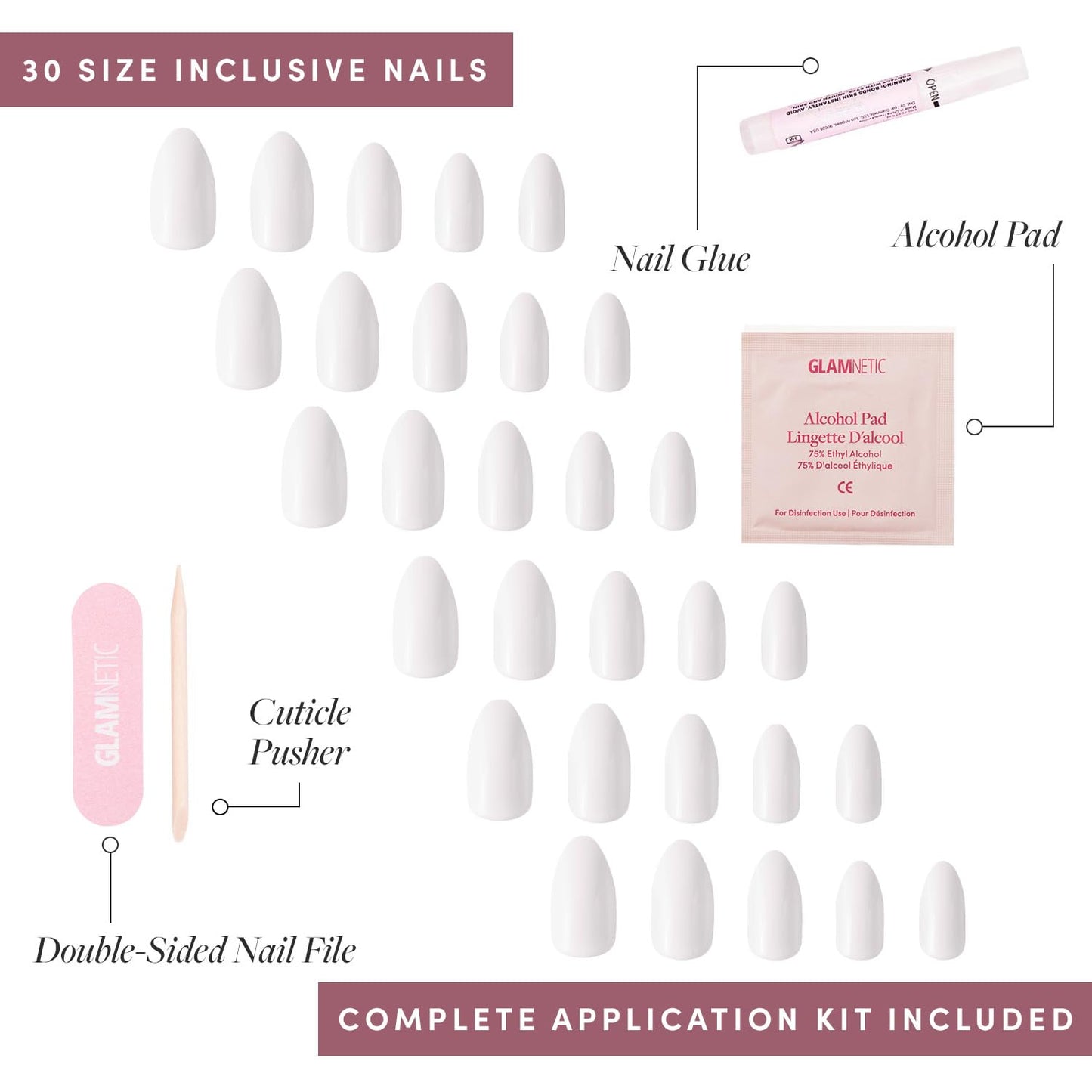 Glamnetic x GLAMZILLA Press-On Nails Bundle - KILLAZILLA, Angel & Berry Fizz | Almond French Tip Fake Nails with Tortoiseshell Print | Opaque White Almond Nails | Short Oval Magenta Nails