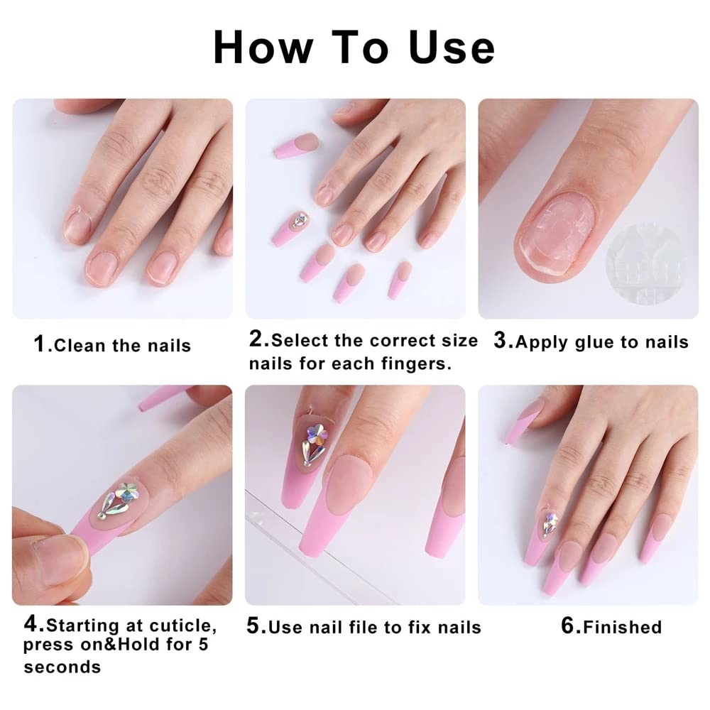 24pcs Blue French Tip Press on Nails Medium Square Fake Nails Pink Flower Design Nail Art Supplies Acrylic Artificial Nails Glossy Glue on Nails Full Cover Nail Supplies for Women Manicure Decoration