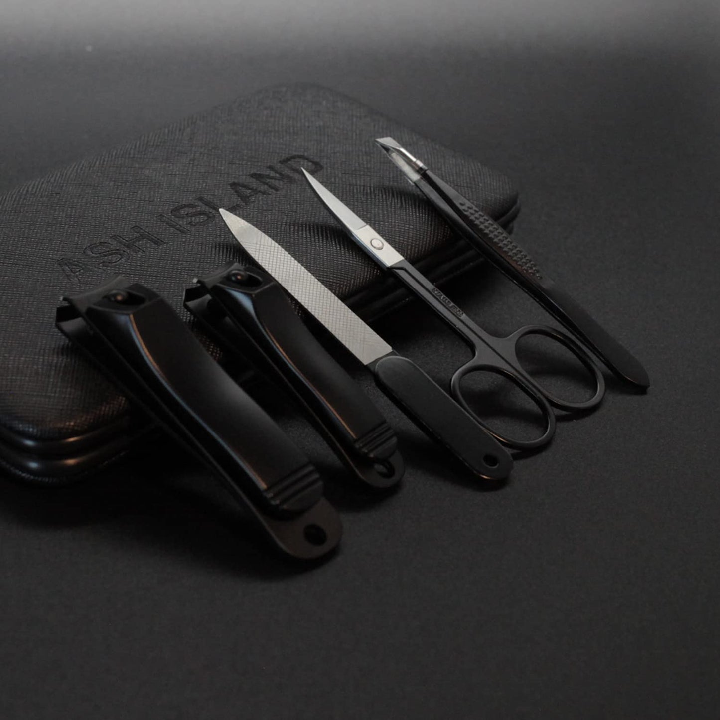 ASH ISLAND Nail Clippers Set - Black Stainless 12 in 1 For Men And Women Manicure Pedicure Travel Kit Luxury Nail File Sharp Nail Scissors Fingernails Toenails with Portable Stylish Case