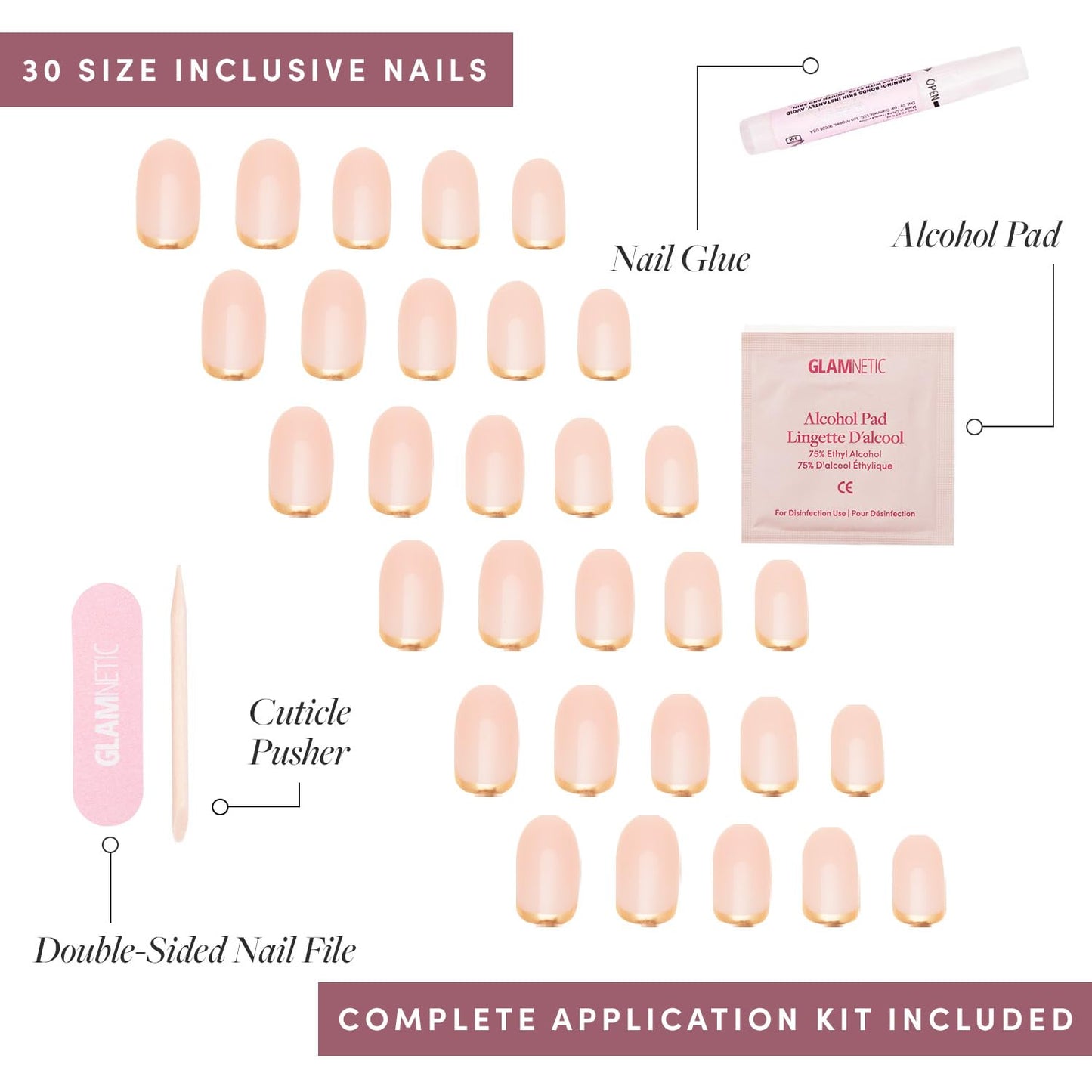 Glamnetic Press-On Nails Bundle - Lovey Dovey, Fall Mauve & Goal Digger | Almond Fake Nails with Abstract Accents | Muted Blush Mauve Oval False Nails | Natural Short Round False Nails wit