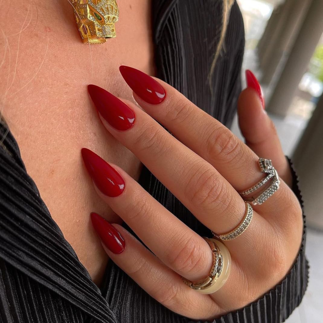 KQueenest Red Press on Nails Medium Almond Stiletto&Smoky Grey Press on Nails Medium Almond For Beach Party Daily Decoration in 48 PCS
