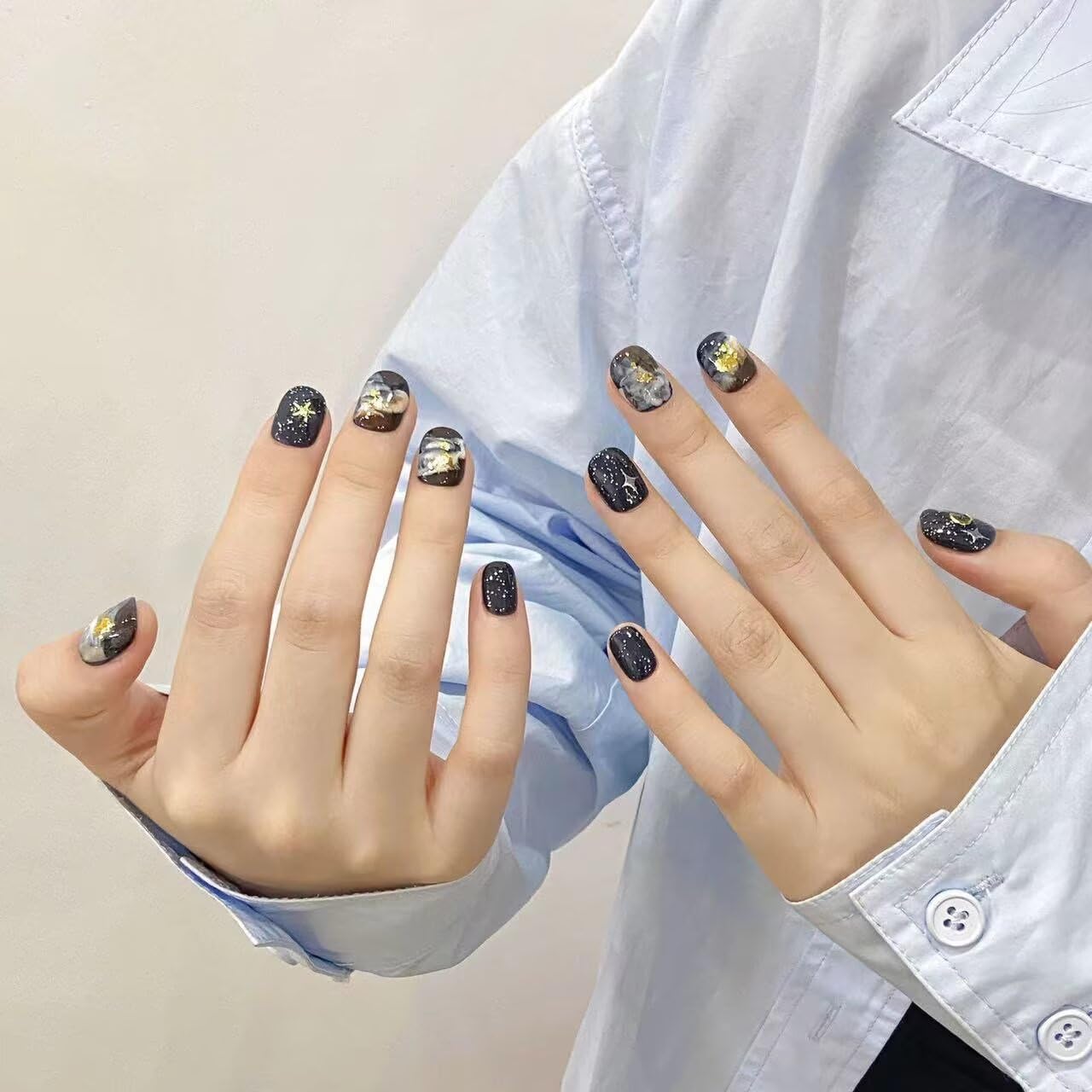Handmade Press On Nails Reusable Stick On Fake Nails Blue oil Painting Style Stars and Moon Luxury Elegant Sexy Style For Women Gift With Nail Glue L