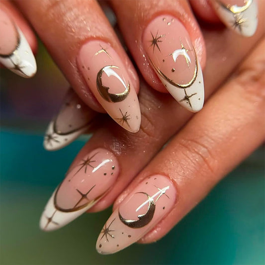 24Pcs Almond Press on Nails Medium French Tip Fake Nails White Nail Tips with Star Moon Design Nude False Nails Gold Glossy Stick on Nails Cute Nail Supplies for Women Girls DIY Manicure Decoration