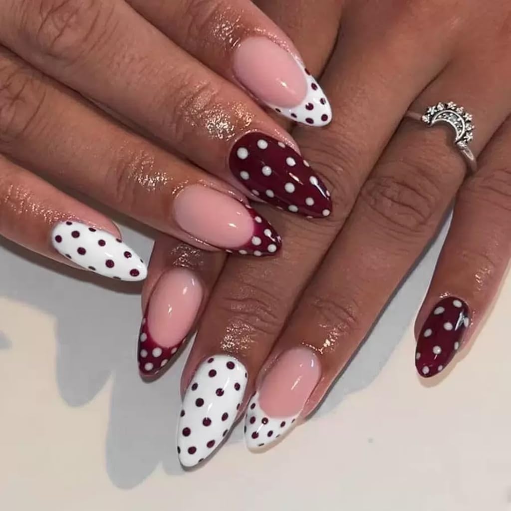 6 Packs (144 Pcs) Press on Nails Short Square, Almond Press on Nails, with Leopard Print Polka Dot Design French Tip Fake Nails for Women - 12 Sizes, 6Styles