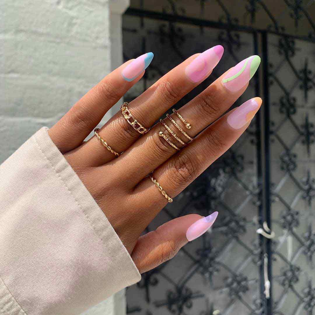 PASTEL DREAMS Press-On Nails by Lavaa Beauty | Medium Almond | Glossy Pastel Color Swirl on Nude Base