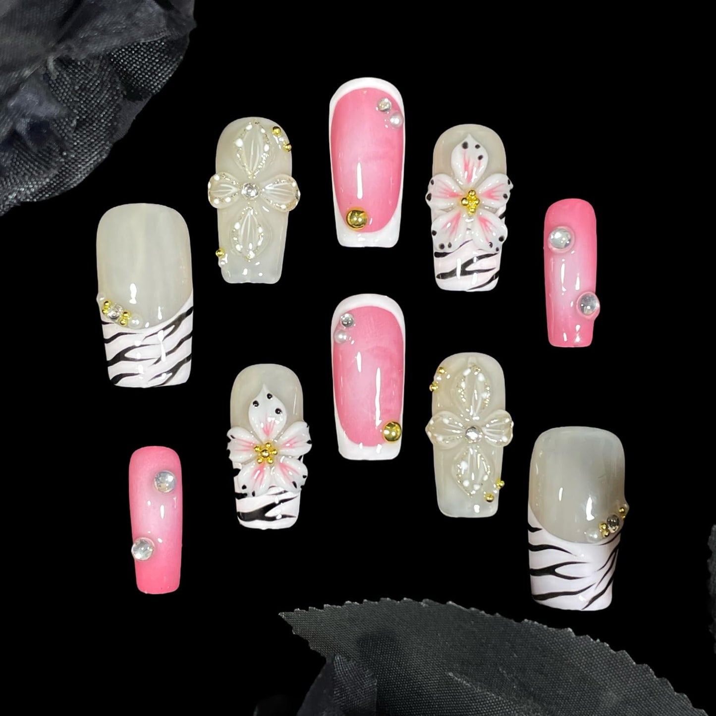Handmade Press On Nails Short-Medium Square Bold Pink Zebra Stripes & 3D Floral | Glitter Flowers With Gold Accent | Reusable Acrylic Fake Nails for Parties & Daily (Pink Zebra, M)