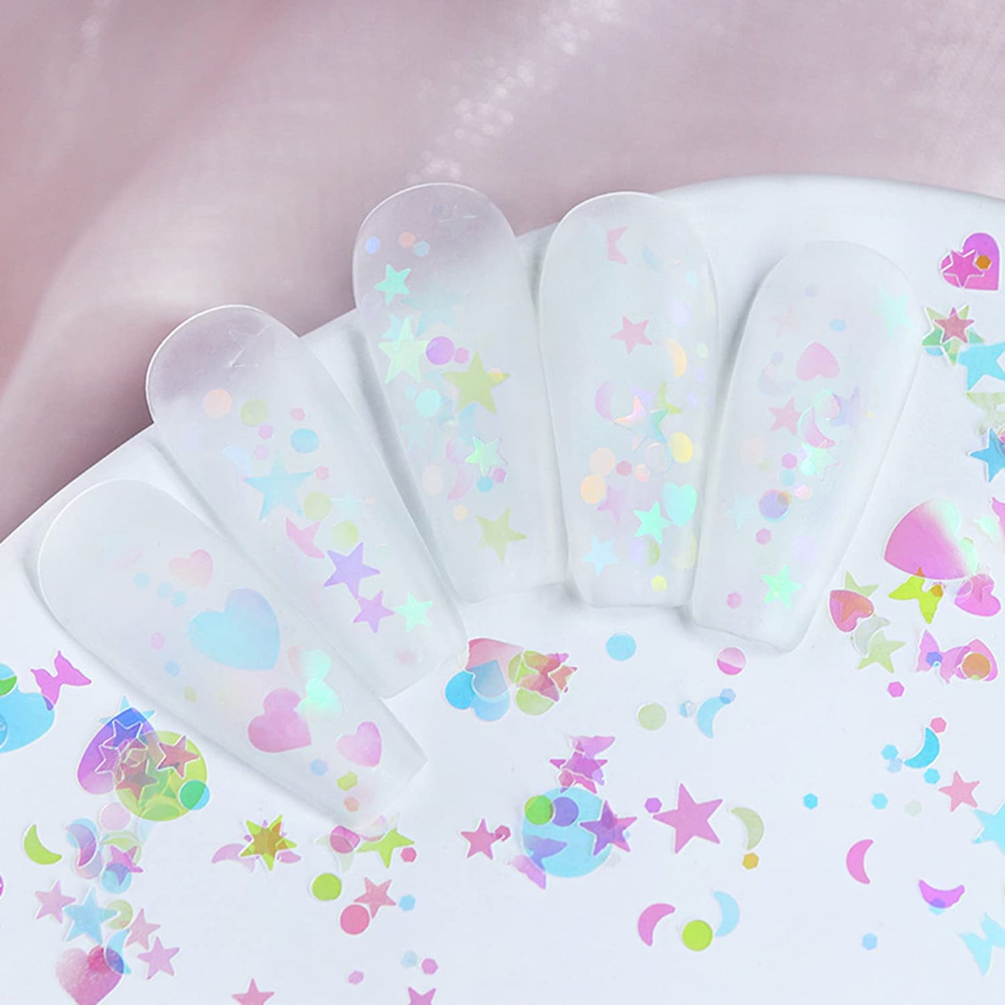 Nail Art Glitter Sequins, 3D Clear Iridescent Ultra-Thin Nail Art Glitter Flakes Designs, Mermaid Love Heart Butterfly Star Moon Round Shapes Nail Glitter Slices for Women Manicure Charms Decorations