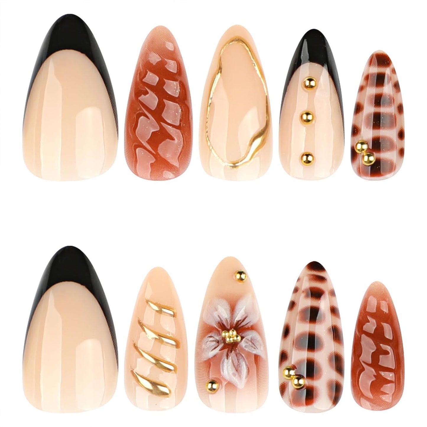 Brown Soft Gel Press On Nails Medium Almond Faken Nails with 3D Flower Designs Gold Edge Nails Press ons Snake Pattern False Nails Glossy Reusable Glue on Nails for Women Girls 24PCS