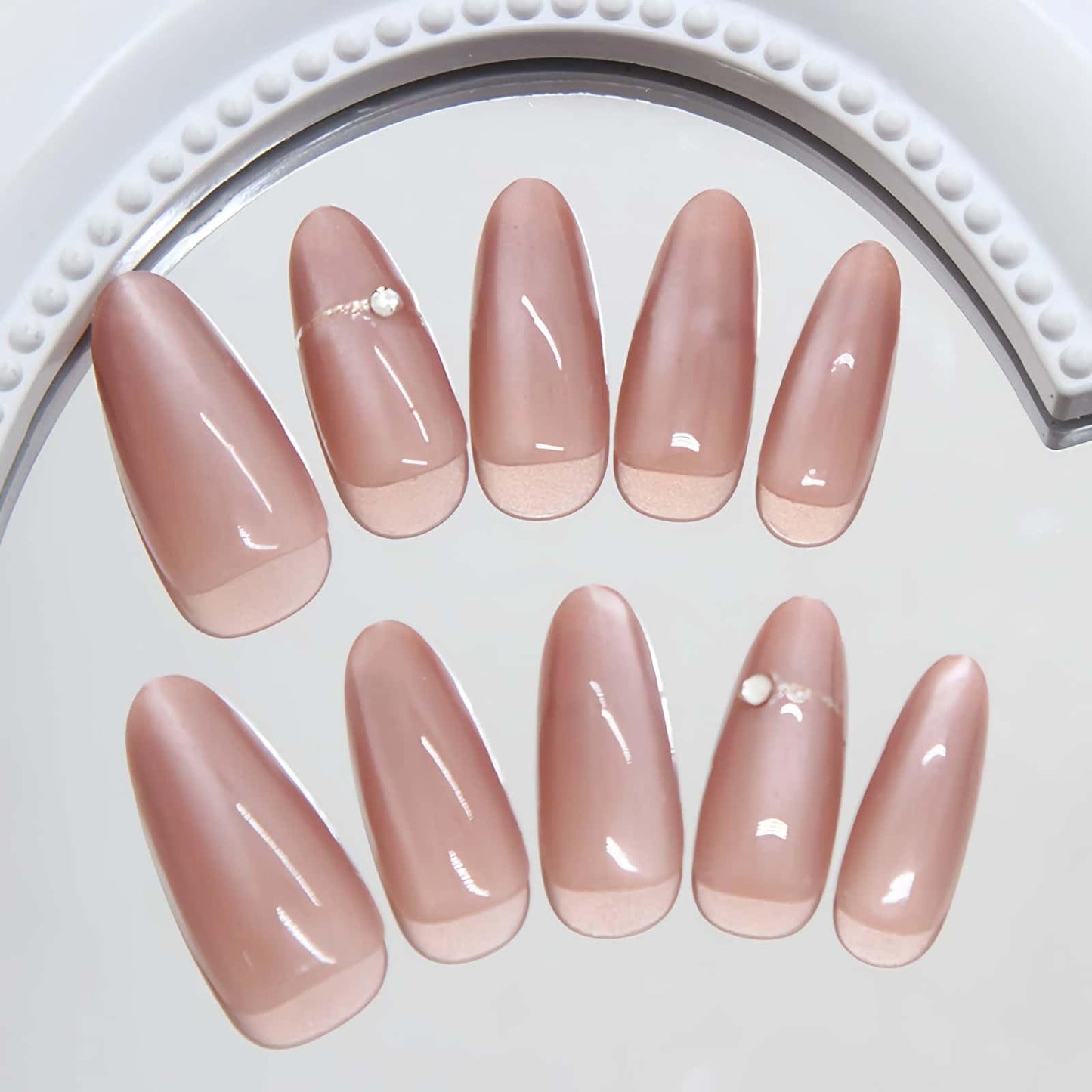 Press on Nails Almond Short Fake Nails Reusable Glossy Acrylic Nails Pink with Drill Design Glue on Nails Full Cover Artificial Stick on Nails for Women 24 Pcs