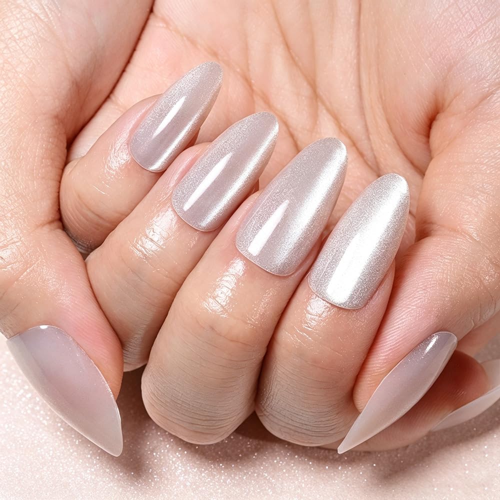 XZMeiLun Cat Eye Crystal Press On Nails Almond Medium, Magnetic Acrylic Fake Nails Stylish Design, Salon-Quality Shiny Finish, Reusable Stick On Nails Kit for Women, Daily Wear (No Glue Included)