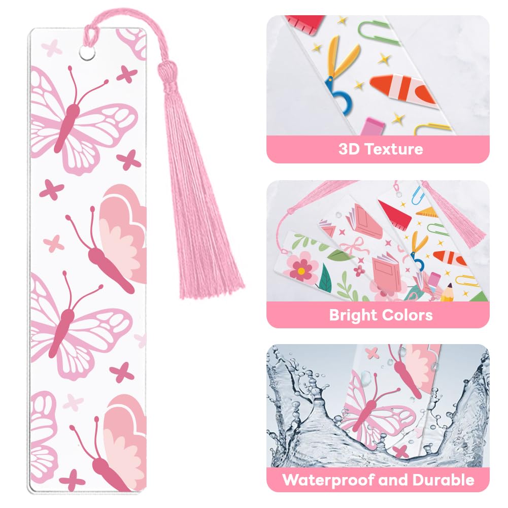 GLASSWINDS 24 Pcs Acrylic Bookmark Blanks Custom with 24 Pcs Cute Waterproof UV DTF Transfer Sticker, 24Pcs Tassels, Bookmark Making Kit Clear DIY Bookmarks, Back to School Gifts for Teacher Student