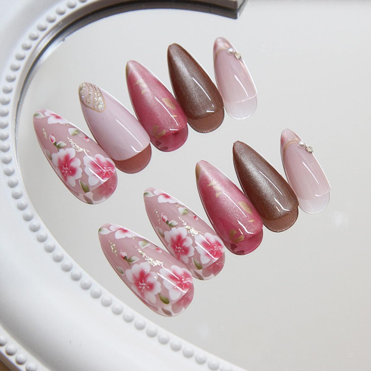 24Pcs Peach Blossom Press on Nails Medium Almond Fake Nails 3D Pearl Rhinestones Design Pink Flower Full Cover Artificial Stick on Nails Spring False Nails for Women Acrylic Manicure Salon Decorations