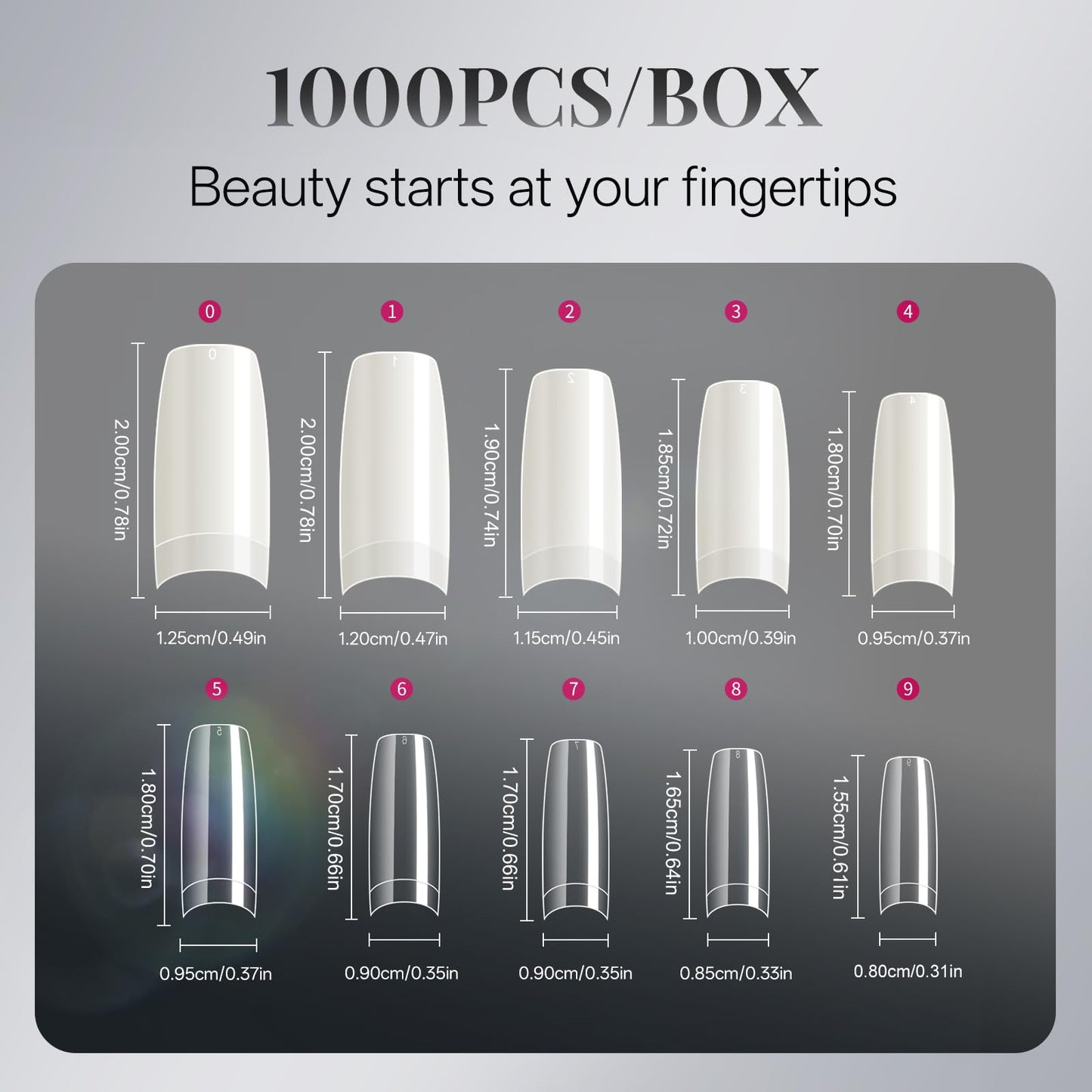 krofaue Nail Tips Lady French Style Acrylic Artificial Half Cover False Nail Tips with Box Ideal for Salons and Home DIY Manicure,10 Sizes,1000PCS (Natural and Clear)
