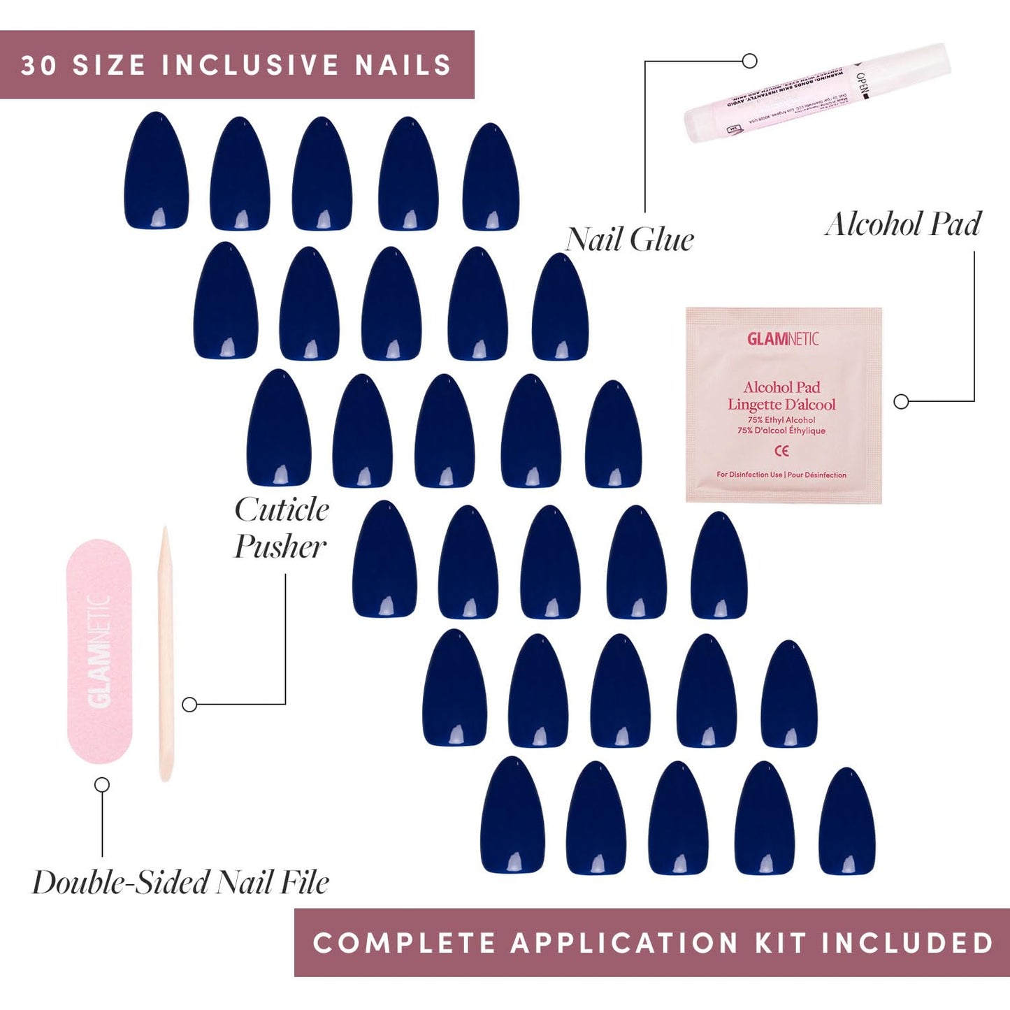 Glamnetic Press-On Nails - Midnight Blue | Dark Navy Blue Short Almond False Nails | 15 Sizes - 30 Nail Kit with Glue and Remover