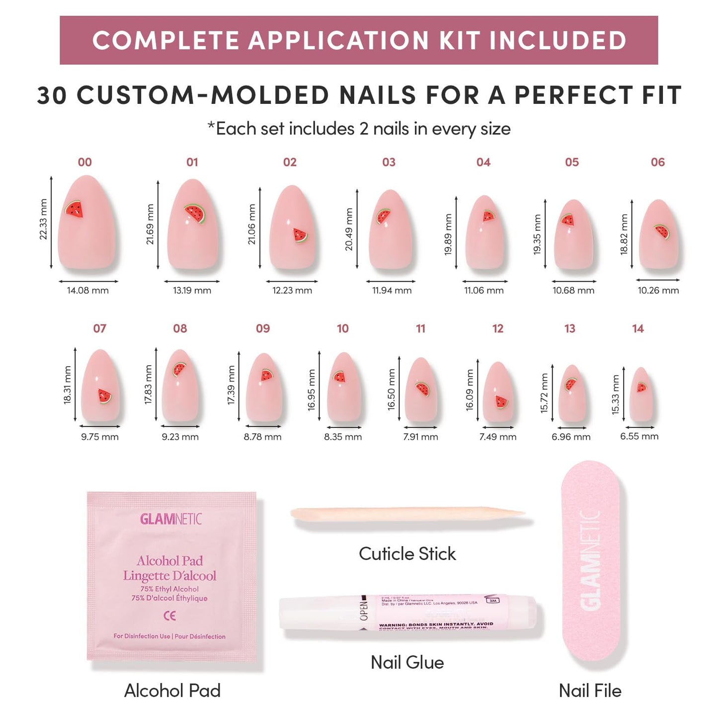 Glamnetic Press On Nails - Short Almond Fake Nails, Glossy Sheer Pink Nails with 3D Watermelon Design, Juicy Slice | 15 Sizes - 30 Nail Kit with Glue