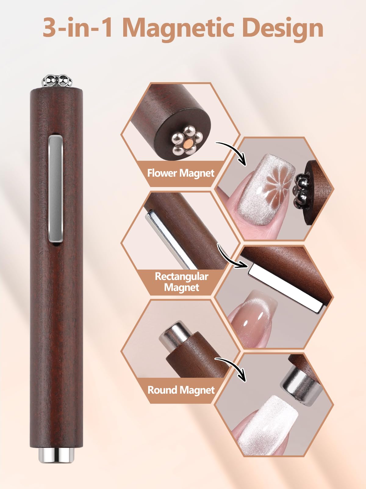 TOROKOM Cat Eye Magnet for Nails, 3 in 1 Heart Nail Magnet for Cat Eye Gel Nail Polish, Multi-Functional Nail Magnet Wand Flower Magnet Stick Magnetic Beads for Cat Eye Gel Nail Polish