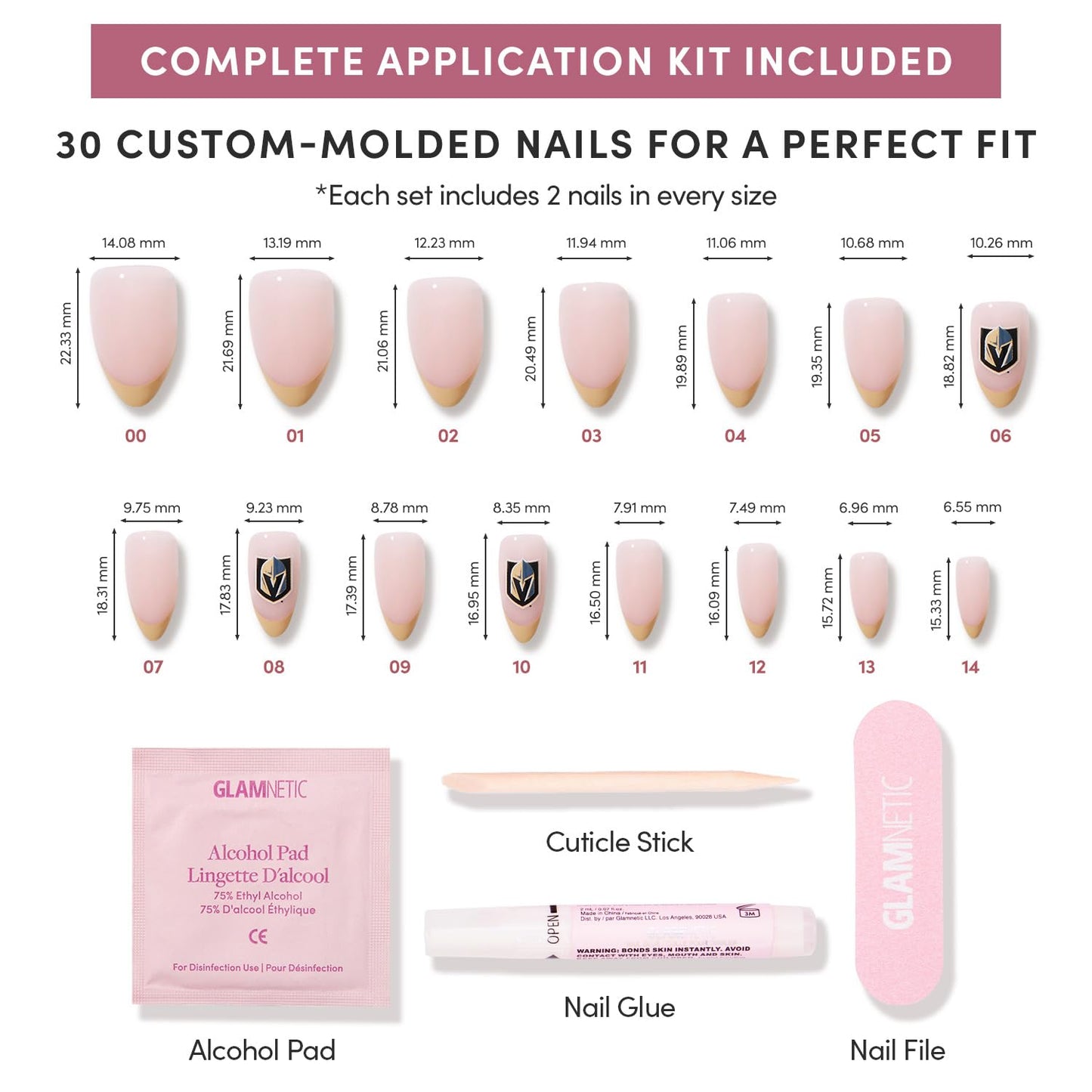 Glamnetic x Fanatics Press On Nails - Vegas Golden Knights | Short Almond Fake Nails, NHL Knights Gold French Tips, Hockey Nails, Salon-Quality | 15 Sizes - 30 Nail Kit with Glue